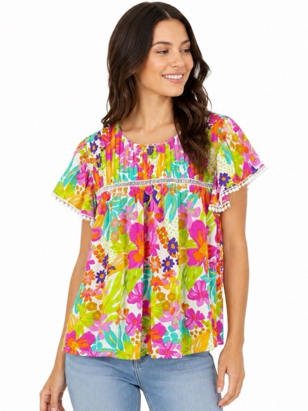 Flying Tomato Multicolor Flutter Sleeve S Top Lace Detail Lightweight